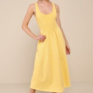 Lulus Summer Beauty Light Yellow Ribbed Twist-back Midi Dress - Size L
